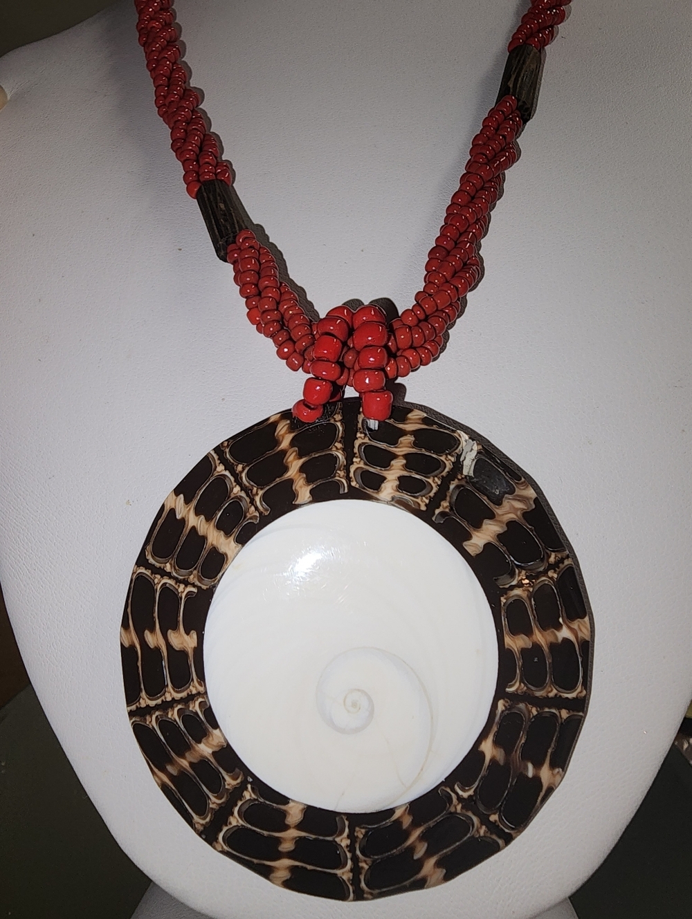 Artisan Shiva Eye Shell Pendant and Red Glass Seed Beaded  Necklace